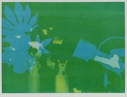 Voorstudie Table Top 5, 1991 - blue leaf and animal silhouettes on a bright green ground.