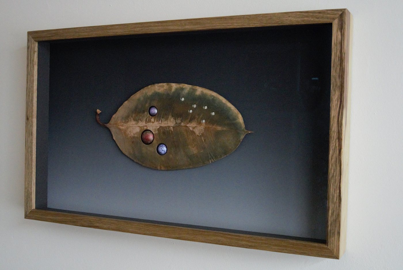 Without Title and Time, 2024 - a brass leaf-shaped form set with small coloured stones, held in a deep wooden shadow box.